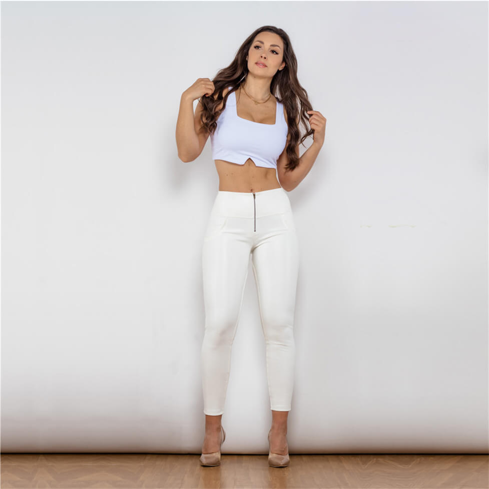 Shiny White High Waist Leather Pants Lift & Support