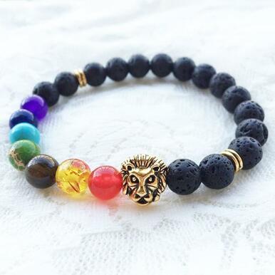 7 Chakra Men Women Stones Lion Charm Bracelet