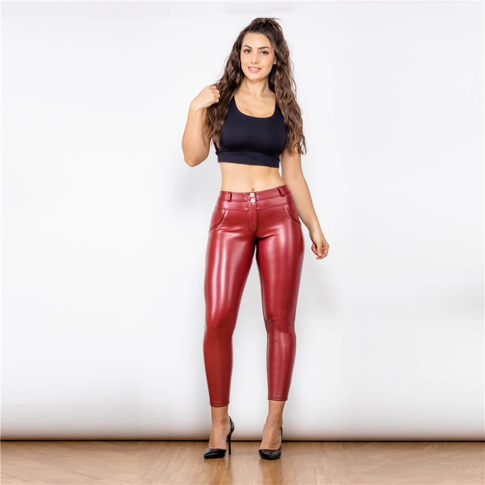 Shiny Red Mid Waist Leather Pants Lift & Support – pimpowear