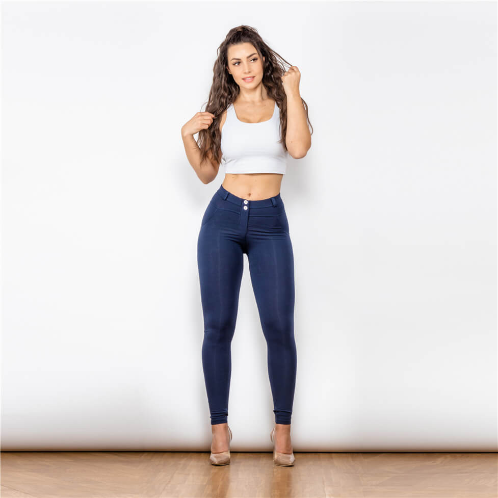 New Dark Blue Mid Waist Cotton Leggings Lift & Support