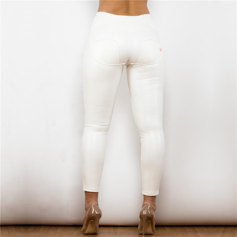 Shiny White High Waist Leather Pants Lift & Support