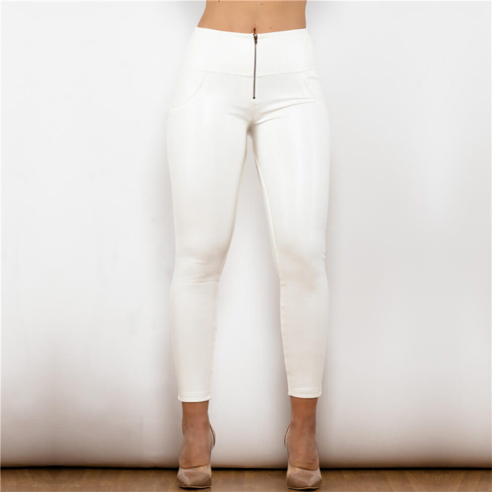 Shiny White High Waist Leather Pants Lift & Support